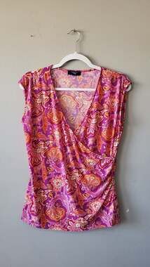 Chaps Petite Floral Paisley Faux Wrap Sleeveless Knit Blouse P/XL